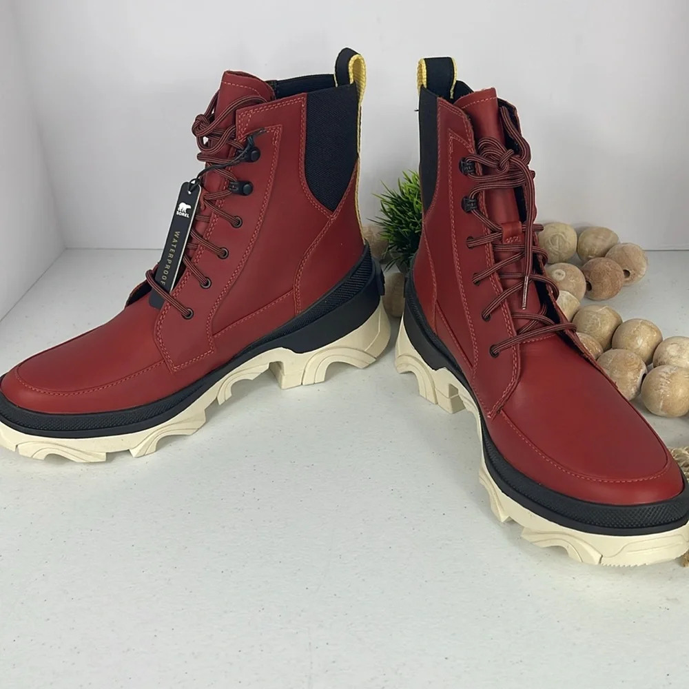 Sorel Boots Womens Brex Lace-Up Red Black Waterproof Bootie Modern Chunky Heel - Picture 9 of 11
